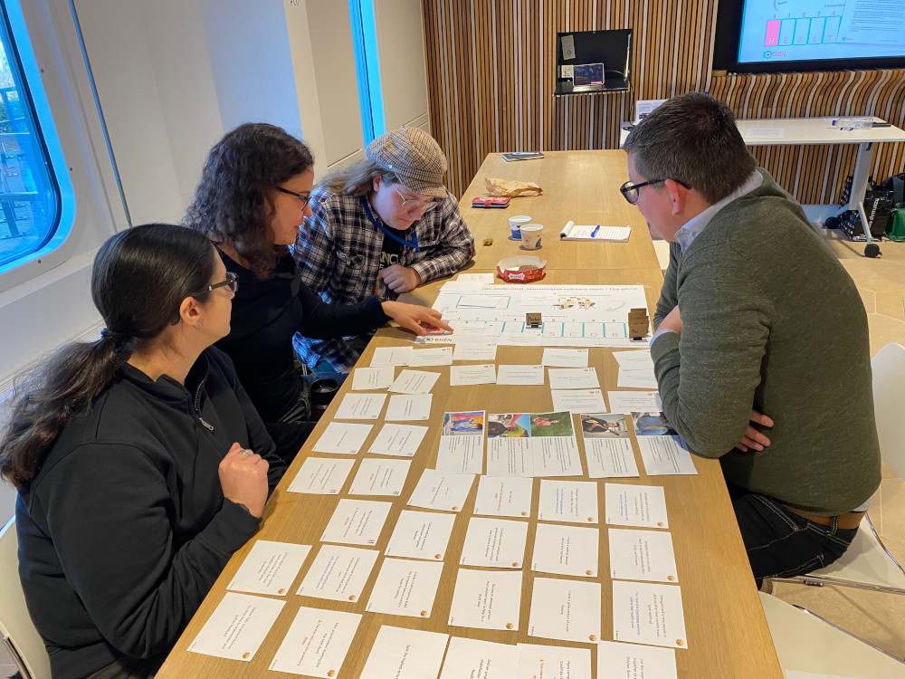 Un groupe de quatre participants jouant le jeu de société assis à une table. Sur la table, le plateau de jeu est visible, ainsi qu'un certain nombre de cartes représentant des « pratiques ». Les participants regardent attentivement les cartes.