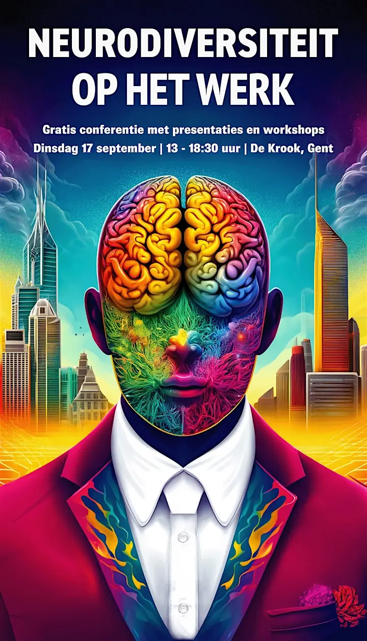 Illustratie van een persoon in een futuristische setting, met een weergave van het brein met uiteenlopende kleuren, en futuristische ogende gebouwen op de achtergrond. Als titel staat er 'neurodiversiteit op het werk'.
