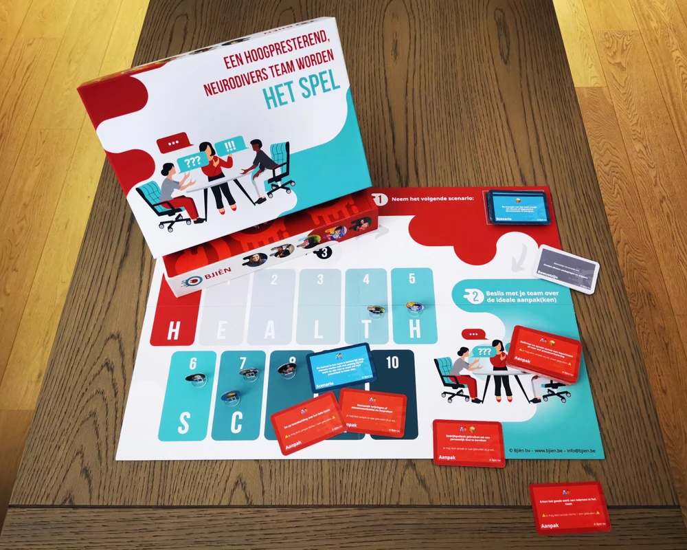 Contents of the Dutch game box, with the game board, various cards (in green, blue and grey), and pawns.